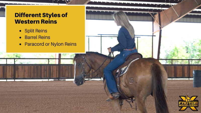 Side view of a woman on top of a horse, and a quote about different styles of Western Reins next to her.