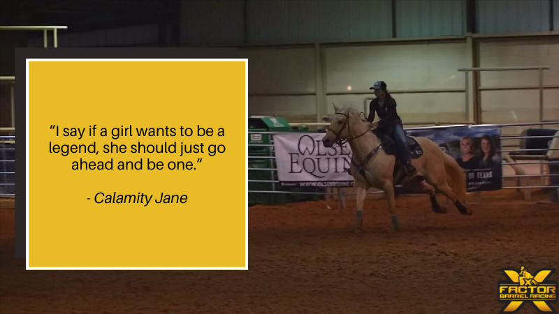 A woman is riding a horse, with a quote from Calamity Jane next to her.