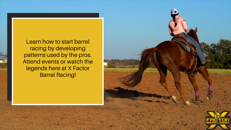 Midday practice of a woman and her horse, and a quote about learning how to start barrel racing next to her.