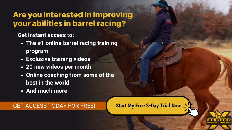 Woman riding a horse and promoting X Factor Barrel Racing free 3-day trial.