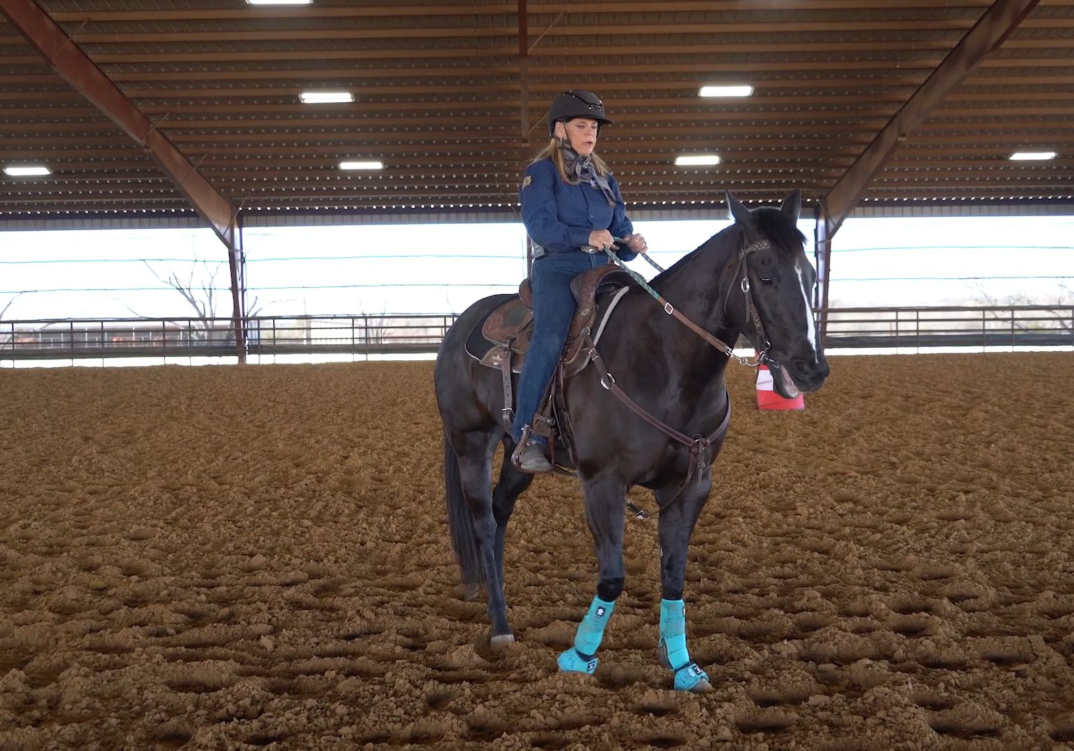 Inside the enclosed field, a woman is wearing a blue suit and riding atop a horse.